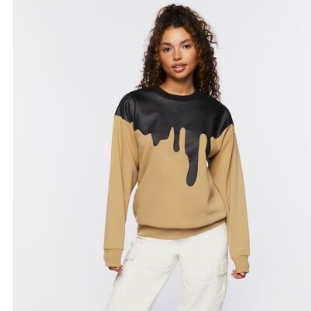 Forever 21 Fleece Crewneck Sweatshirt - Paint Drip Color-block, Black, Tan